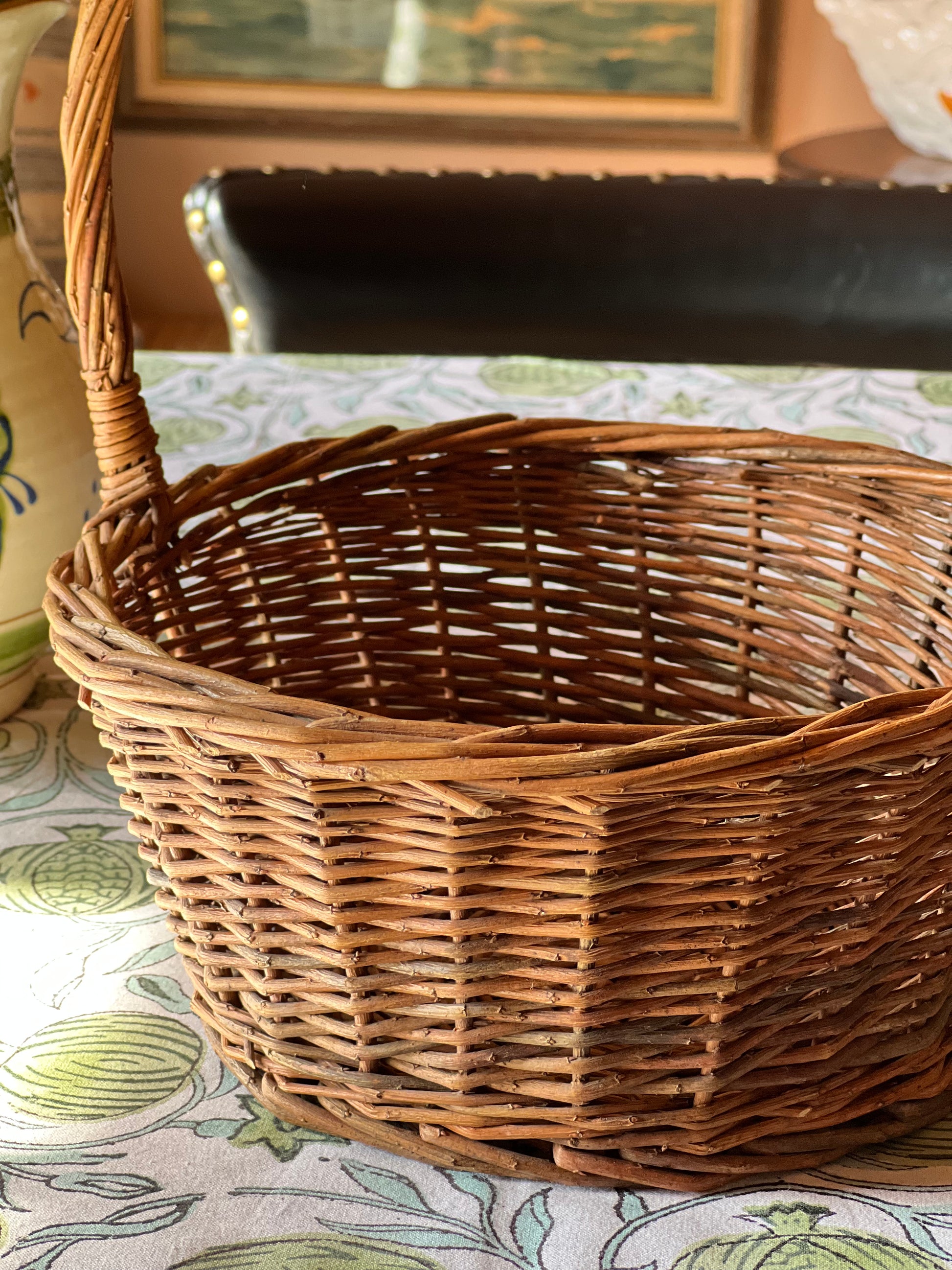 Round Vintage Woven Willow Basket with Handle