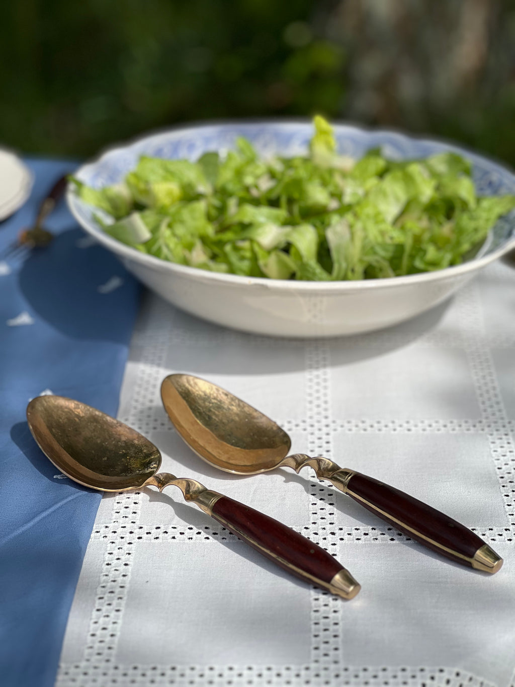 James Bangkok Thailand Brass & Teak Pair of Vintage Serving Spoons