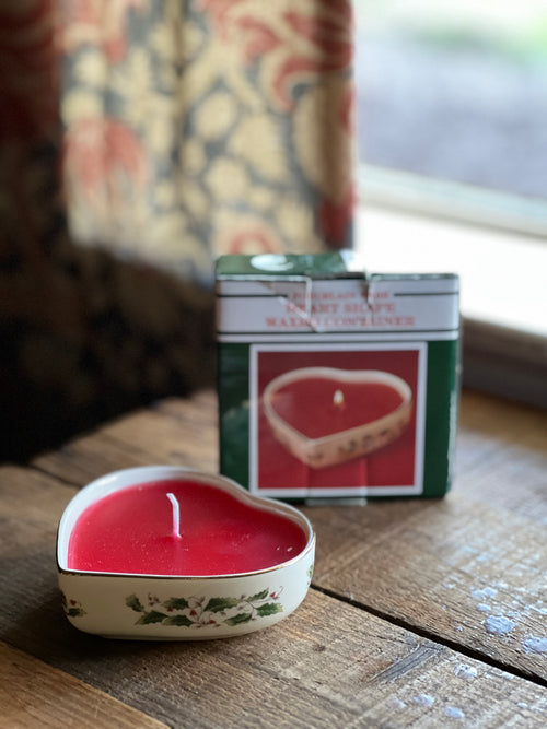 Vintage Christmas Heart Candle in Porcelain Dish