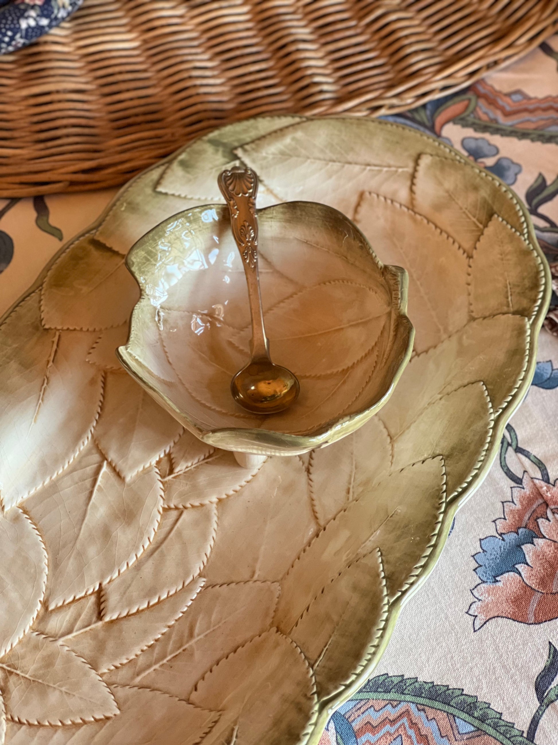 Vintage Italian ceramic sauce bowl with organic leaf shape