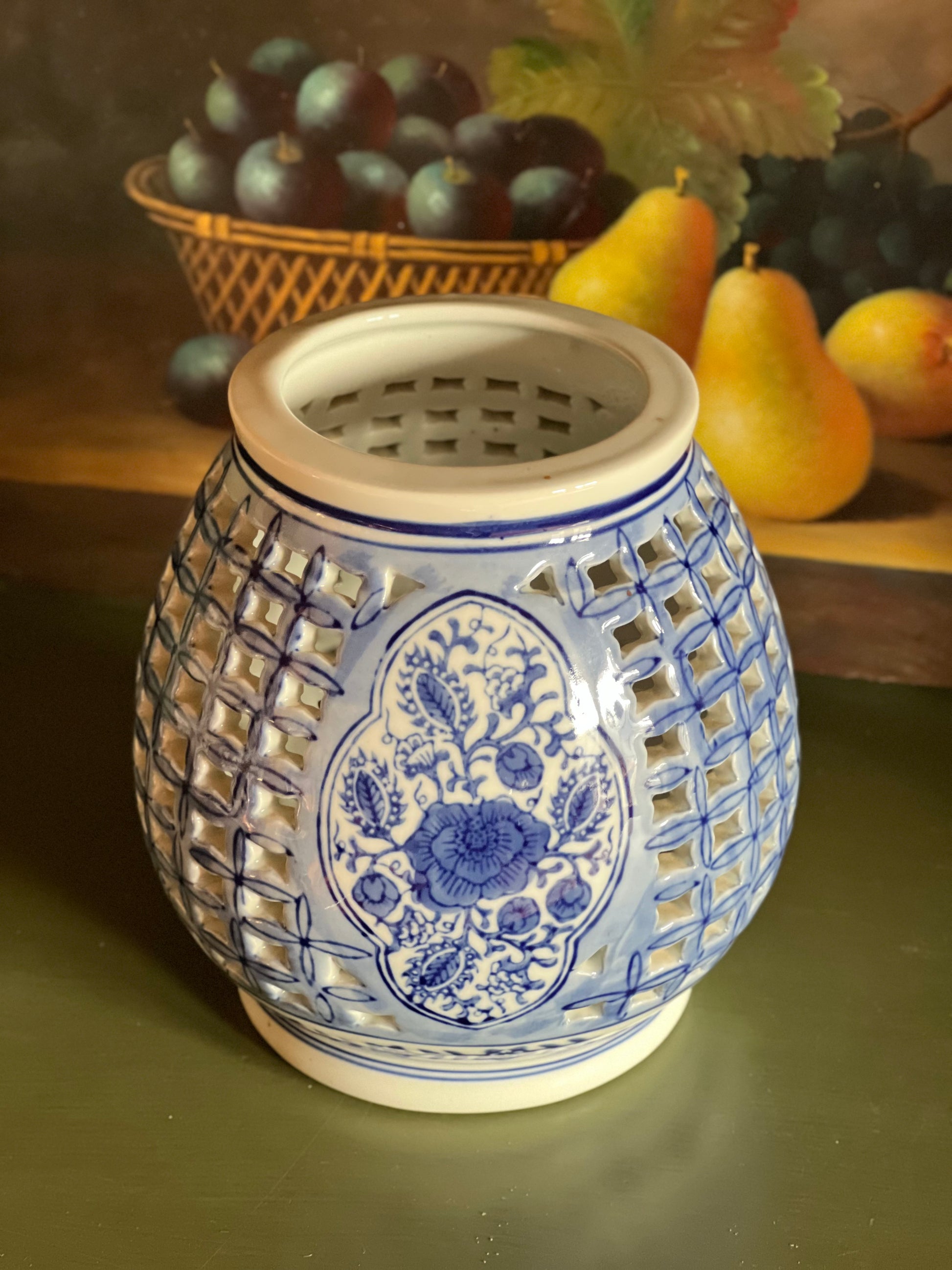 Vintage Blue & White Porcelain Chinoiserie Lattice Side Candleholder