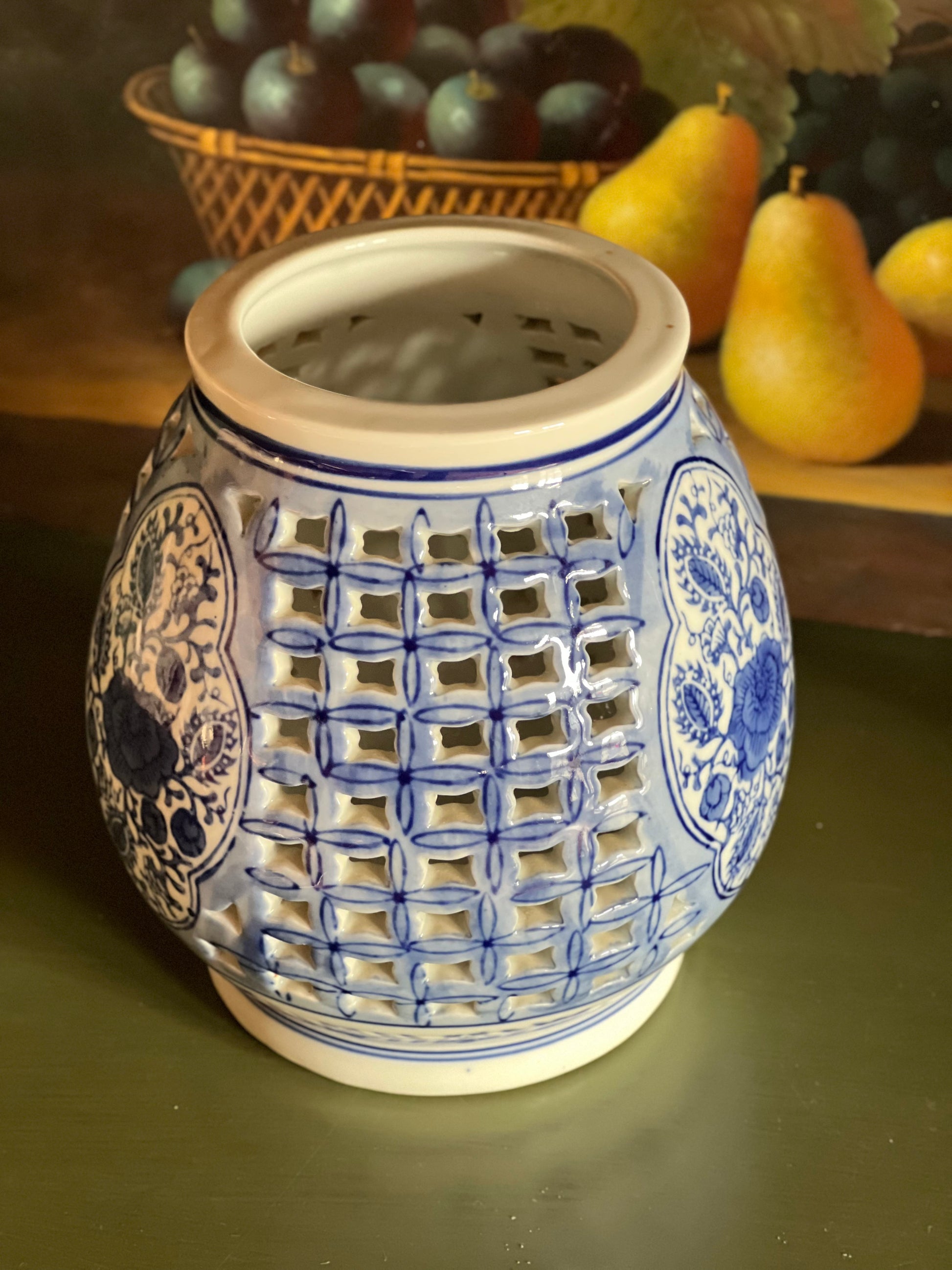 Vintage Blue & White Porcelain Chinoiserie Lattice Side Candleholder