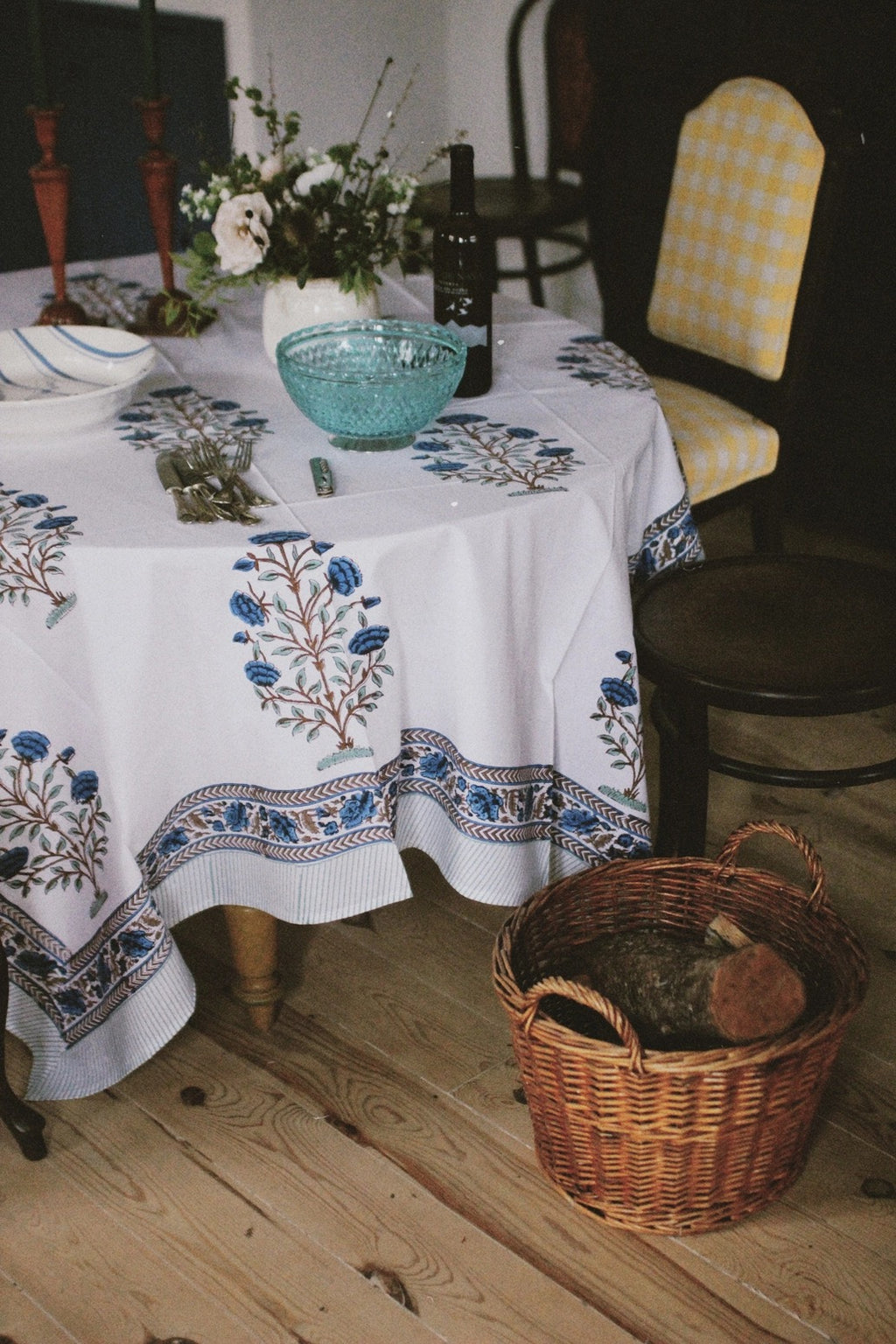 Block Print Tablecloth in White & Blue Hand Made in Spain