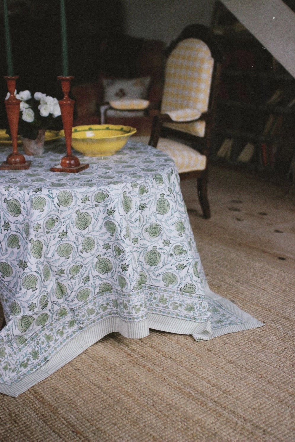 Block Print Tablecloth in Green Blue & White Hand Made in Spain