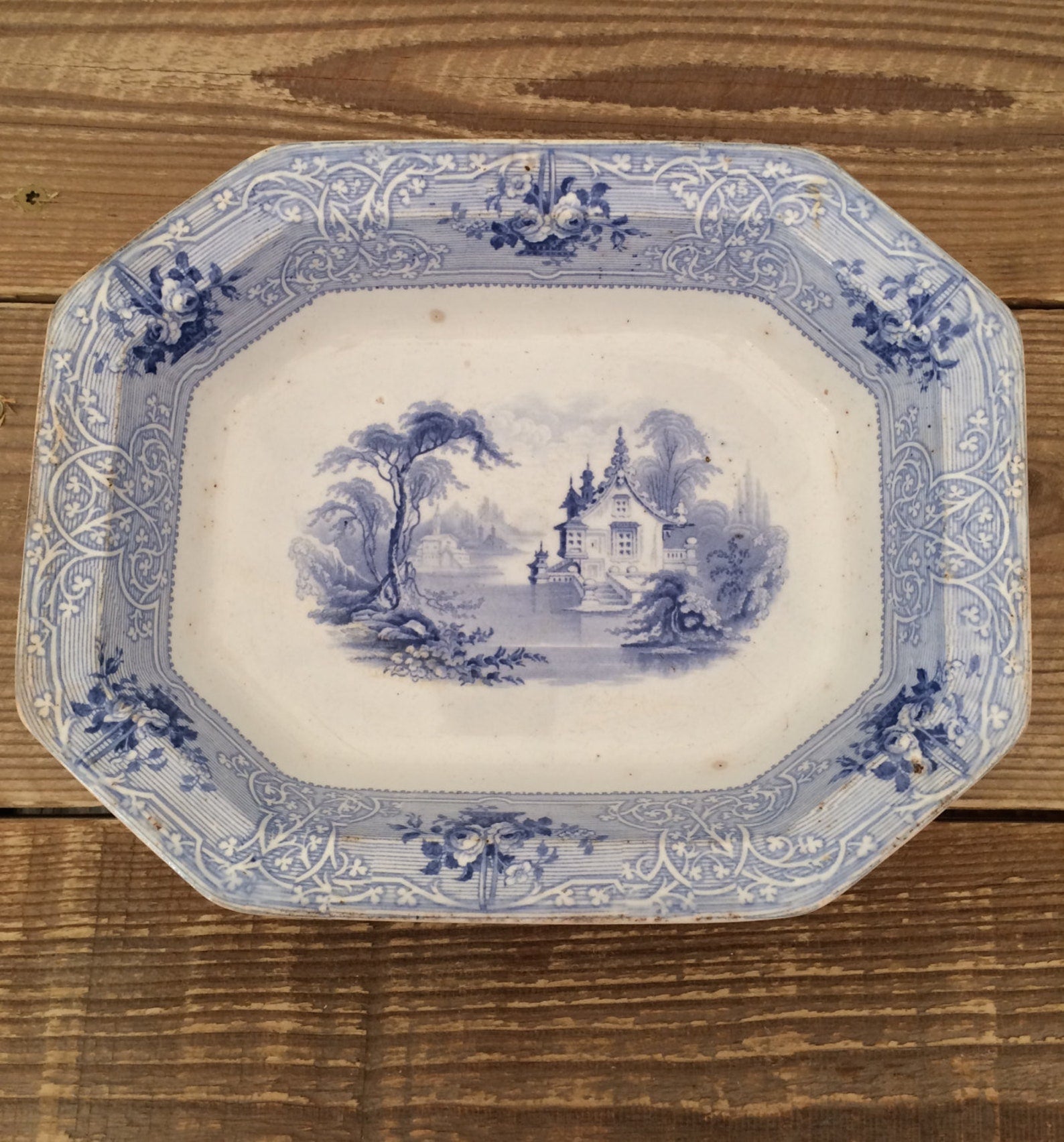 Antique J.Meir & Son Ironstone Roselle Blue Transferware Serving Bowl