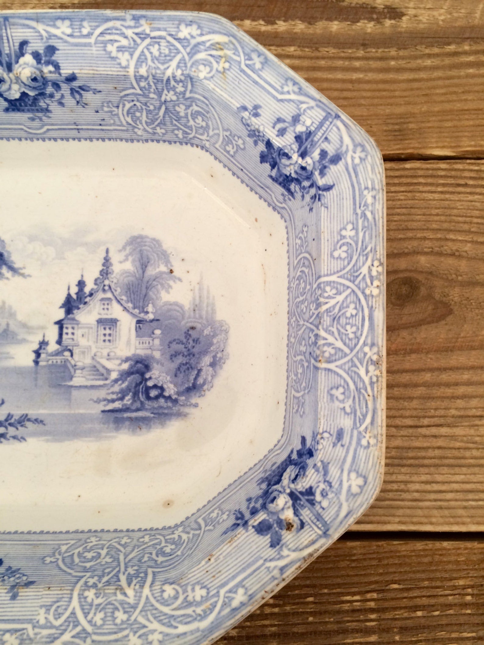 Antique J.Meir & Son Ironstone Roselle Blue Transferware Serving Bowl