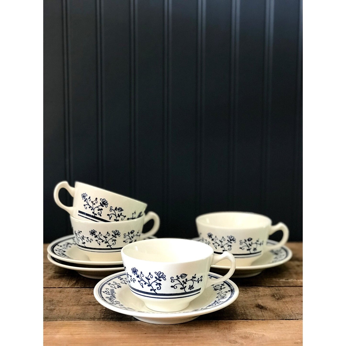 Navy Blue Transferware Flat Cup & Saucer Set