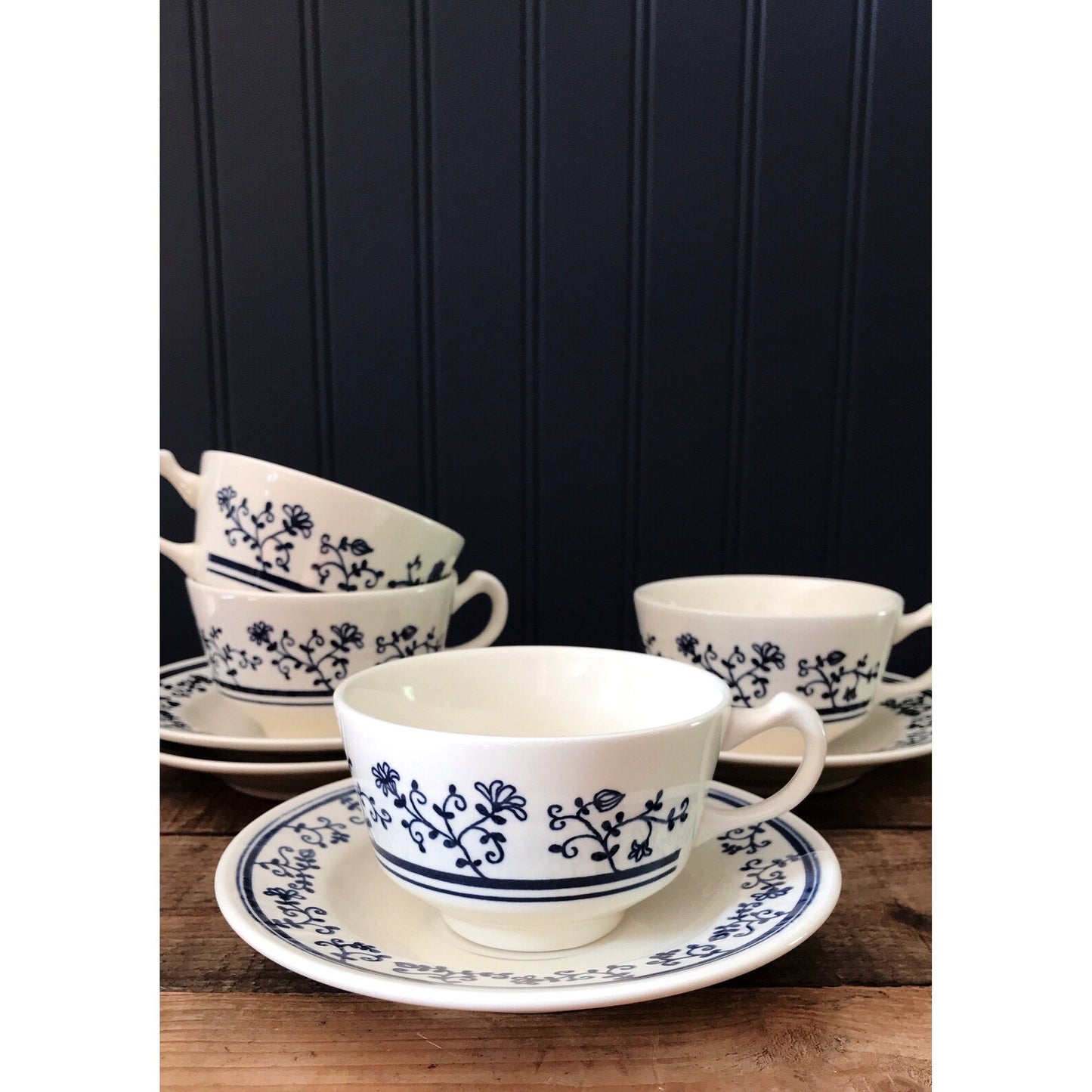 Navy Blue Transferware Flat Cup & Saucer Set