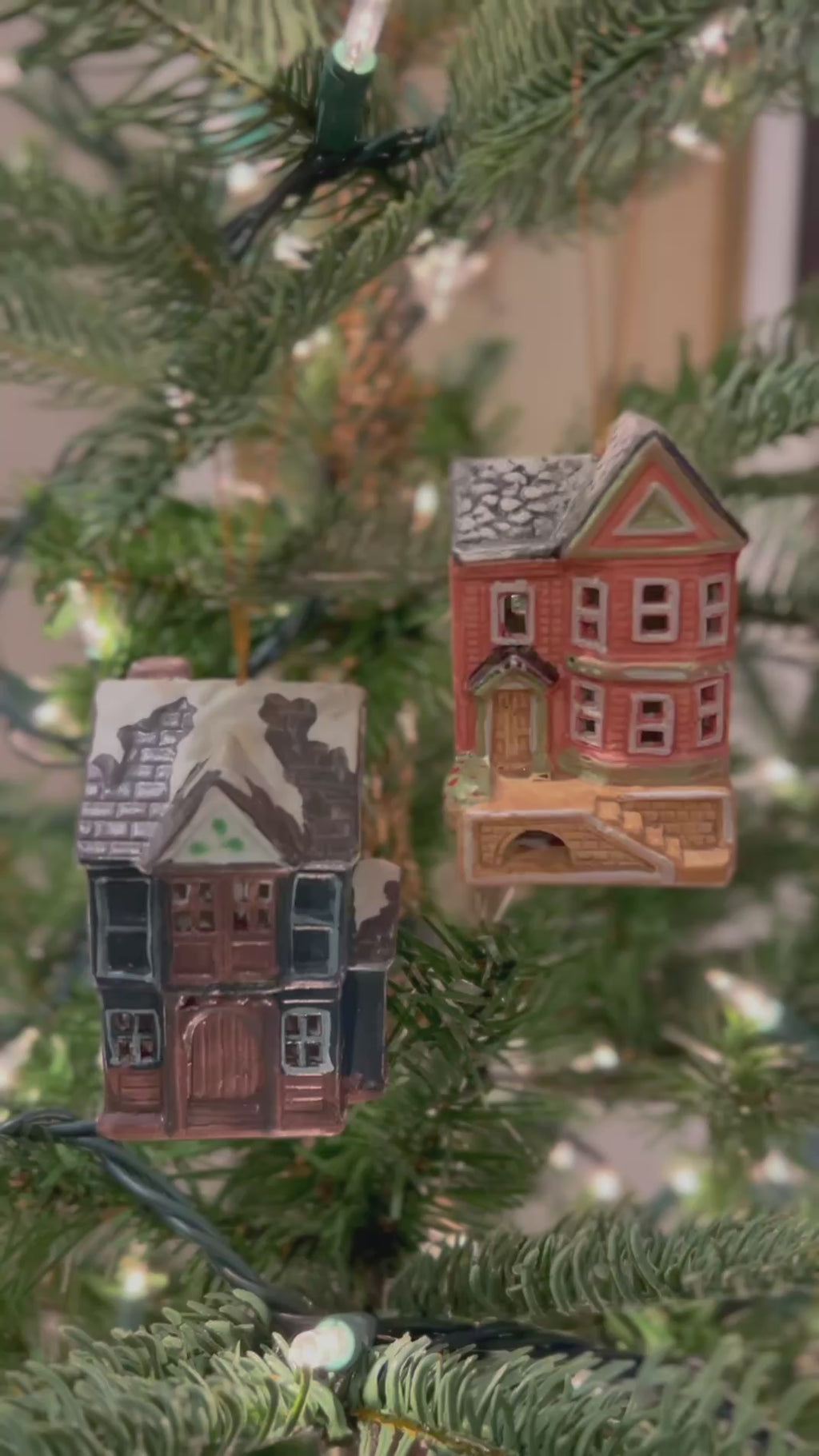 Vintage Pair of Christmas Village House Ornaments