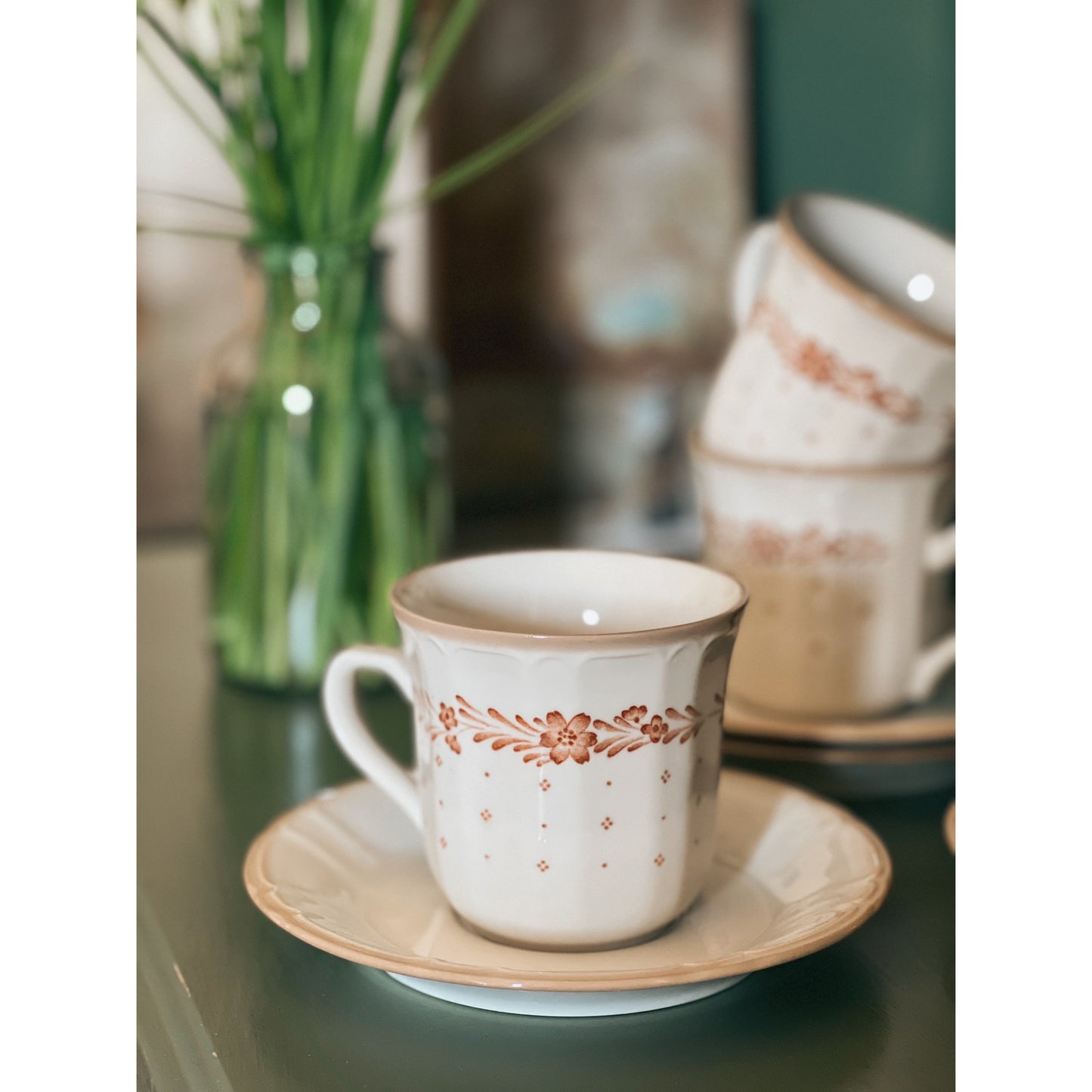 Sango Renaissance Stoneware Arcadia Brown Flat Cup & Saucer Set