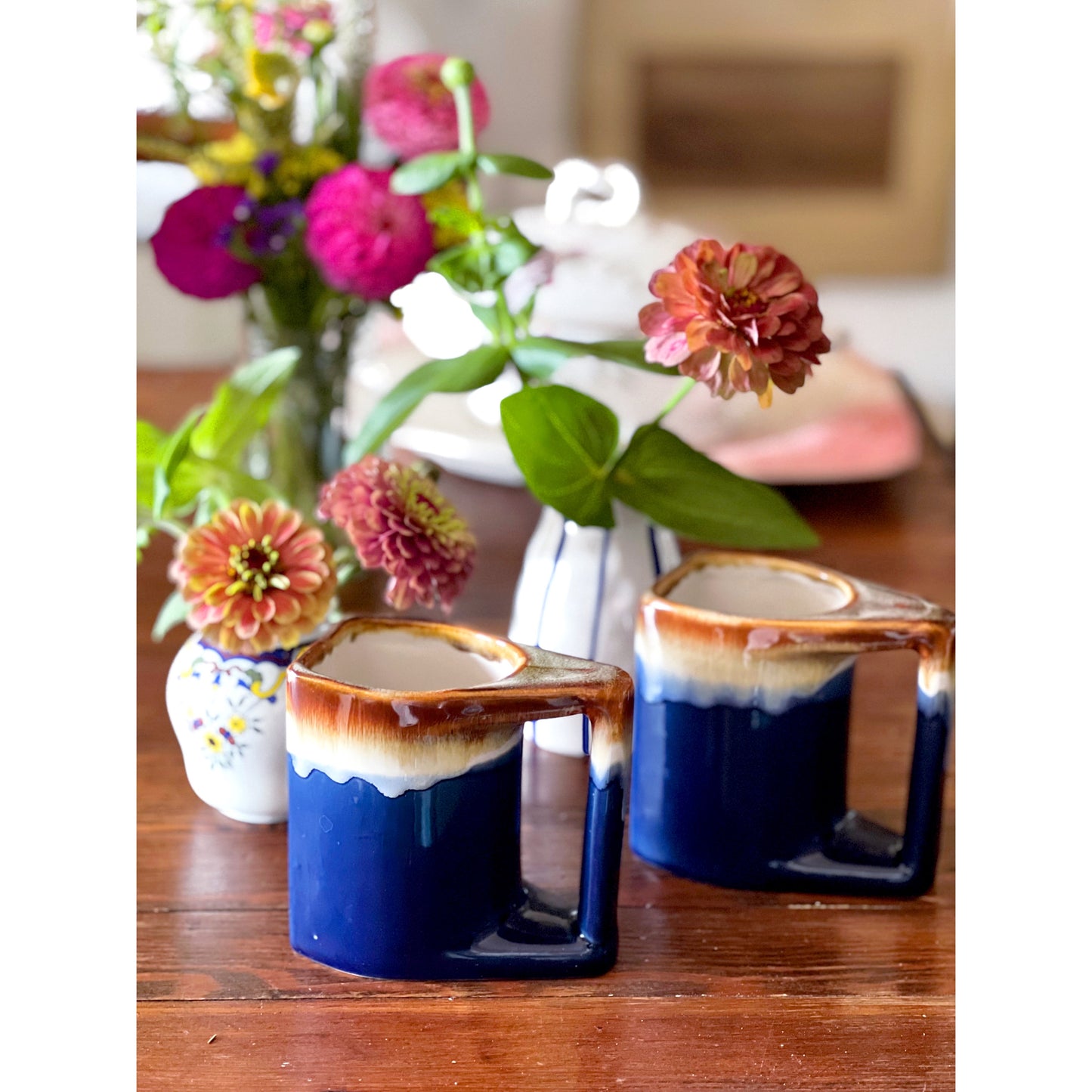 Pair of Vintage Blue Drip Stoneware Mugs