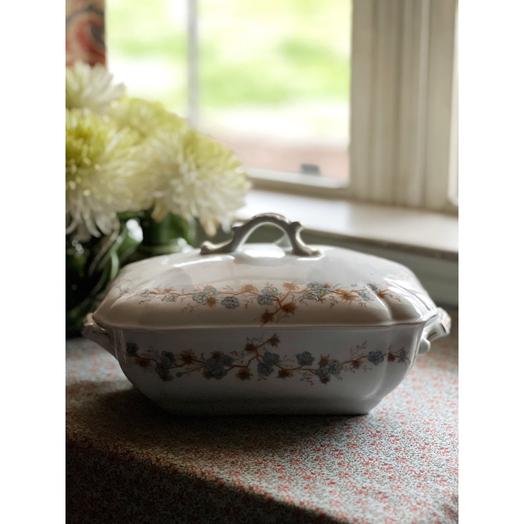 blue floral covered vegetable dish