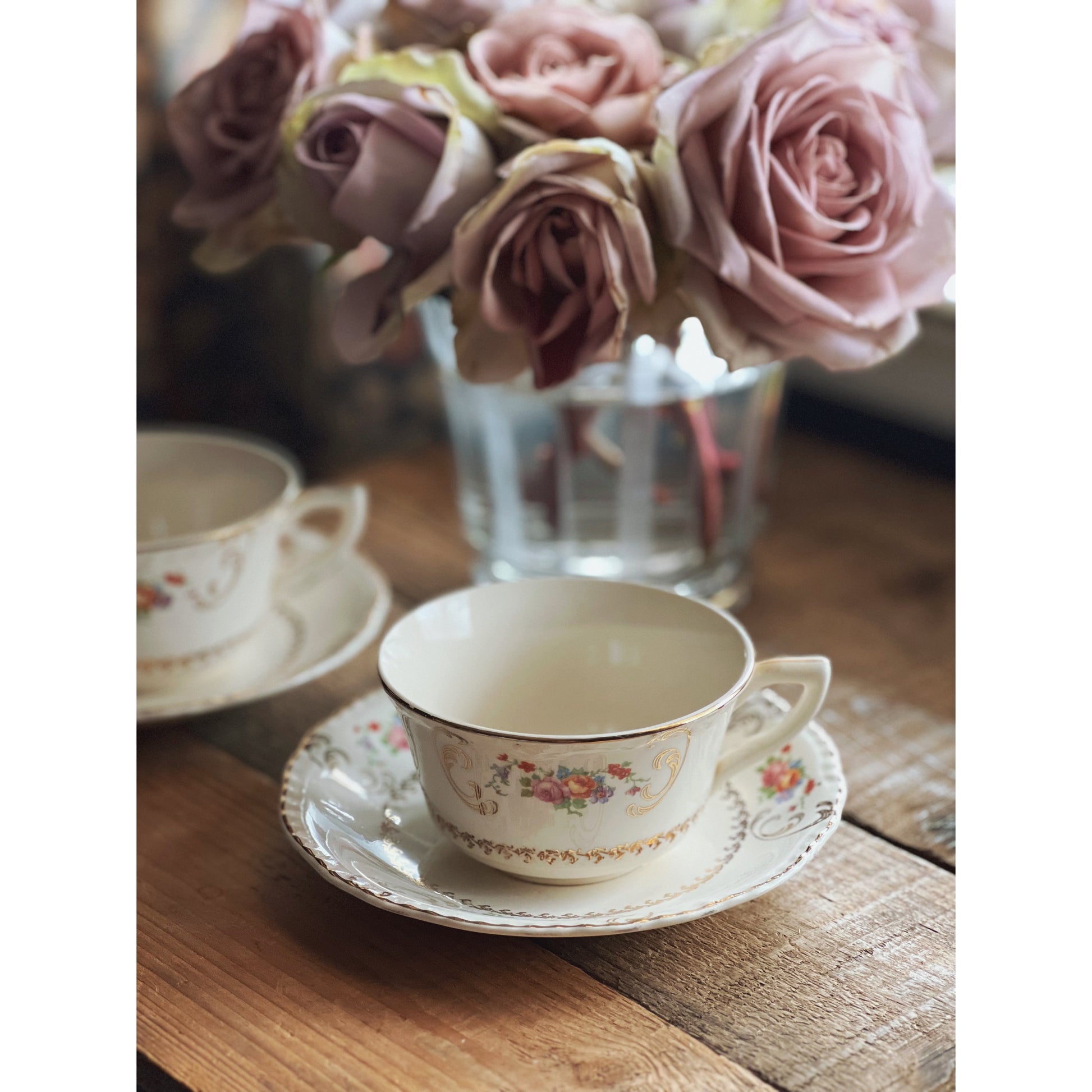 Vintage Steubenville Ivory Floral Teacup & Saucer Set