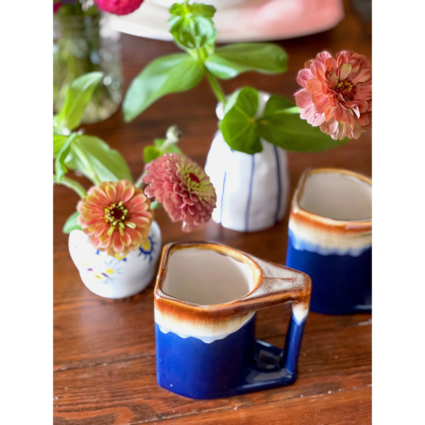 Pair of Vintage Blue Drip Stoneware Mugs