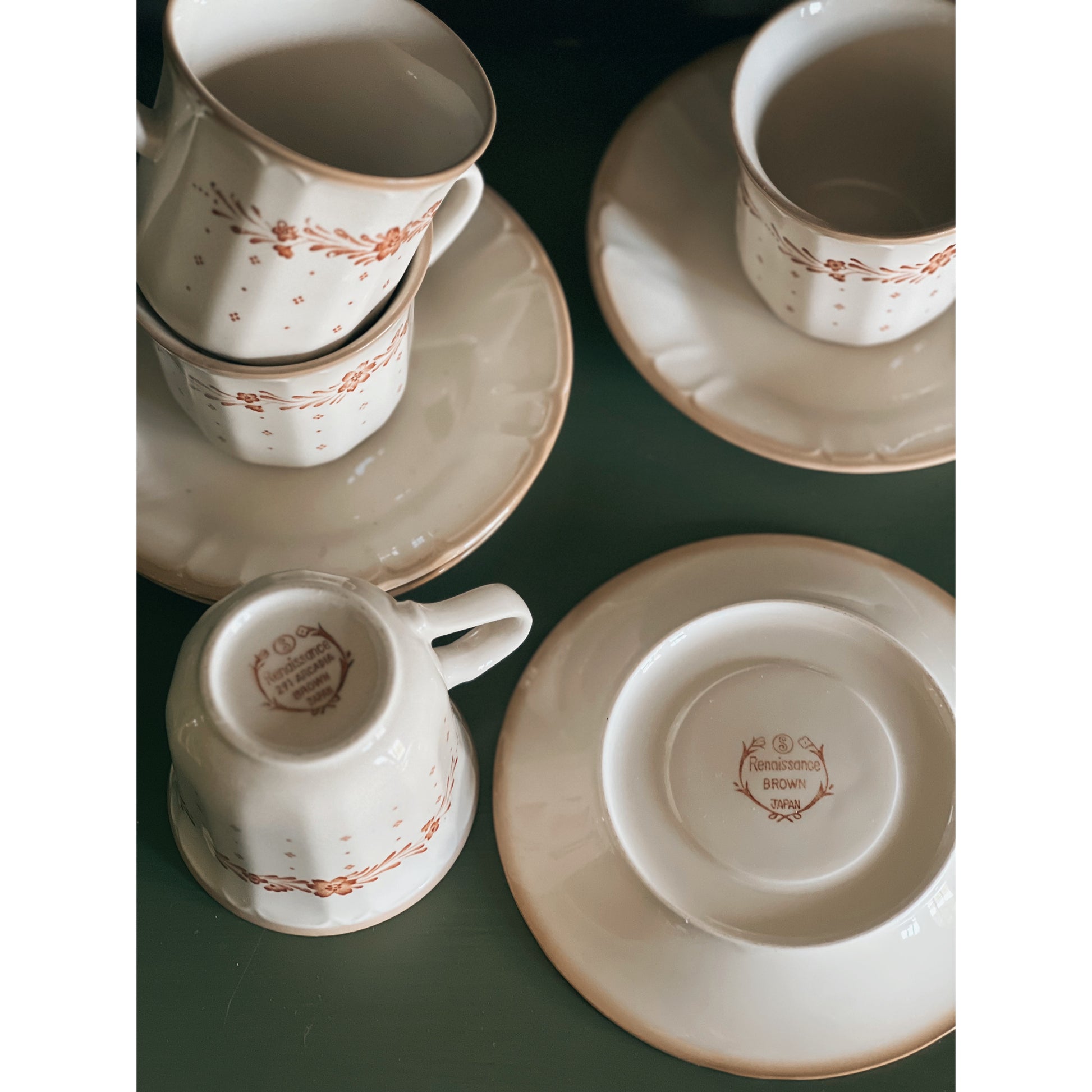 Vintage Sango Renaissance Stoneware Arcadia Brown Flat Cup & Saucer Set