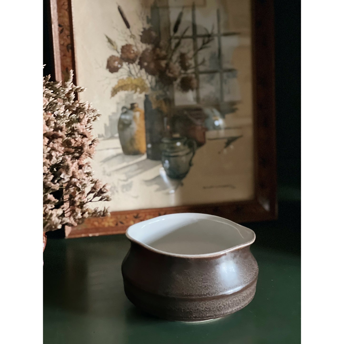 double spout brown stoneware bowl