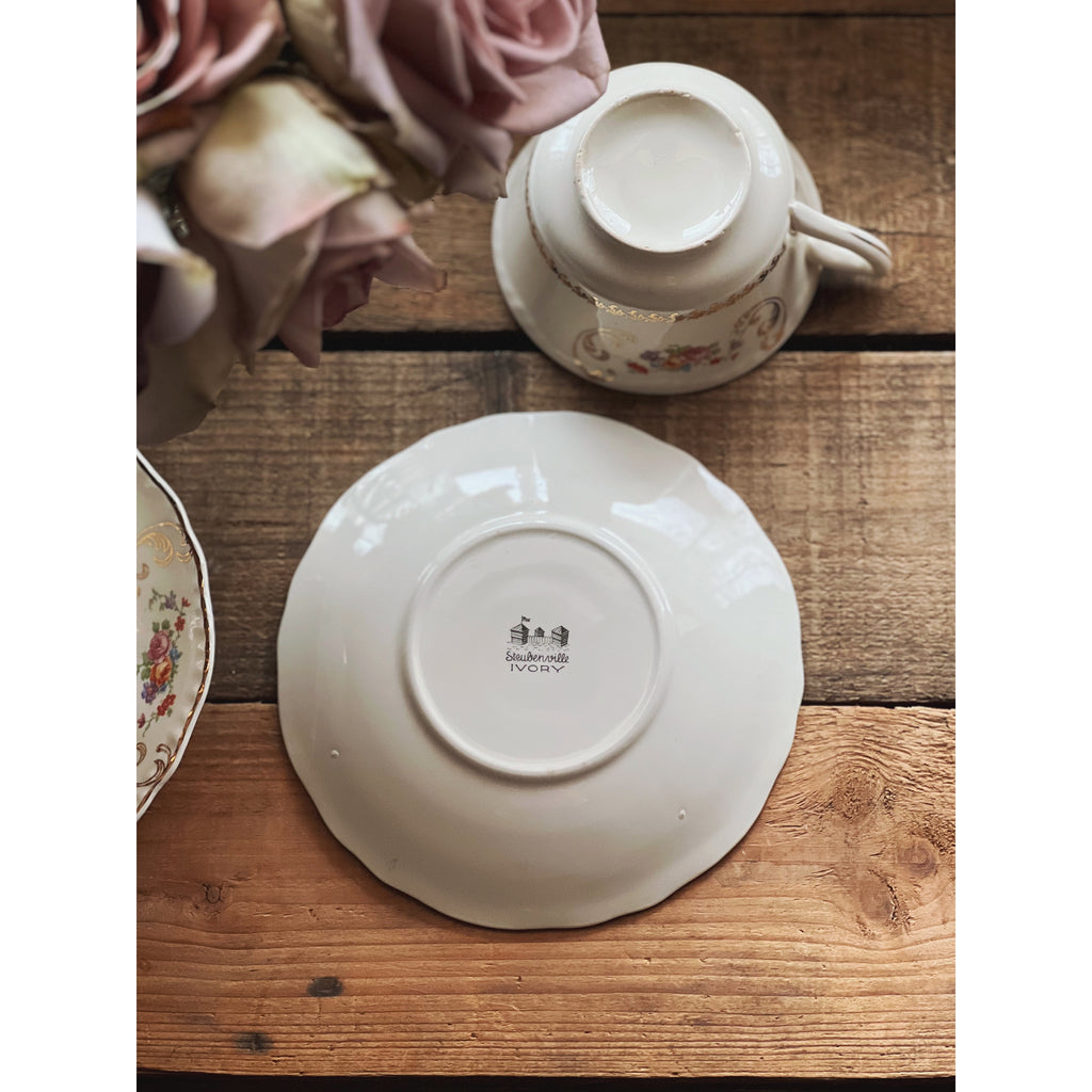 Vintage Steubenville Ivory Floral Teacup & Saucer Set