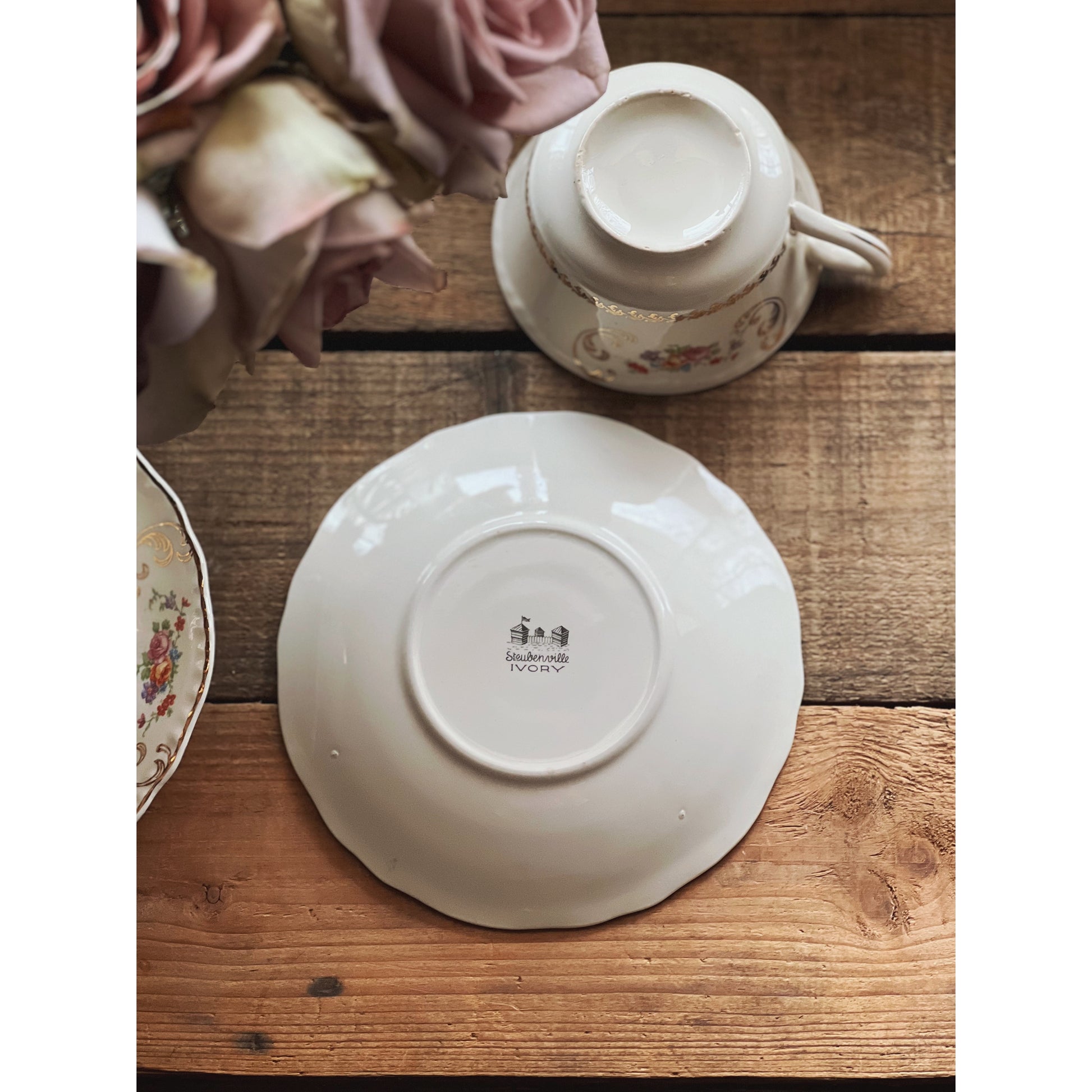 Vintage Steubenville Ivory Floral Teacup & Saucer Set