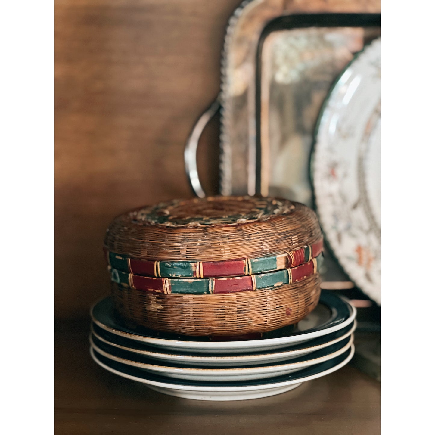 Vintage Bamboo Basket with Lid Hong Kong