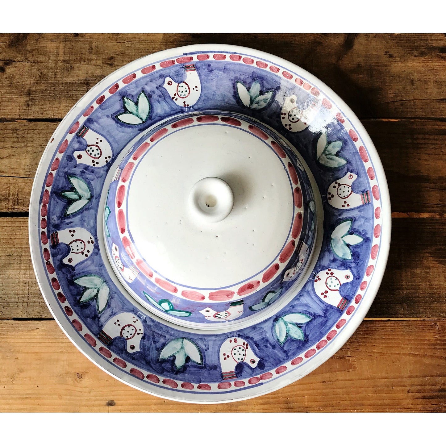 Hand Painted Vintage Round Serving Platter with Cloche Made in Portugal