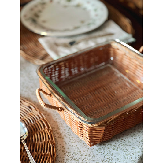 Vintage Glasbake Square Baker / Baking Dish in Serving Basket