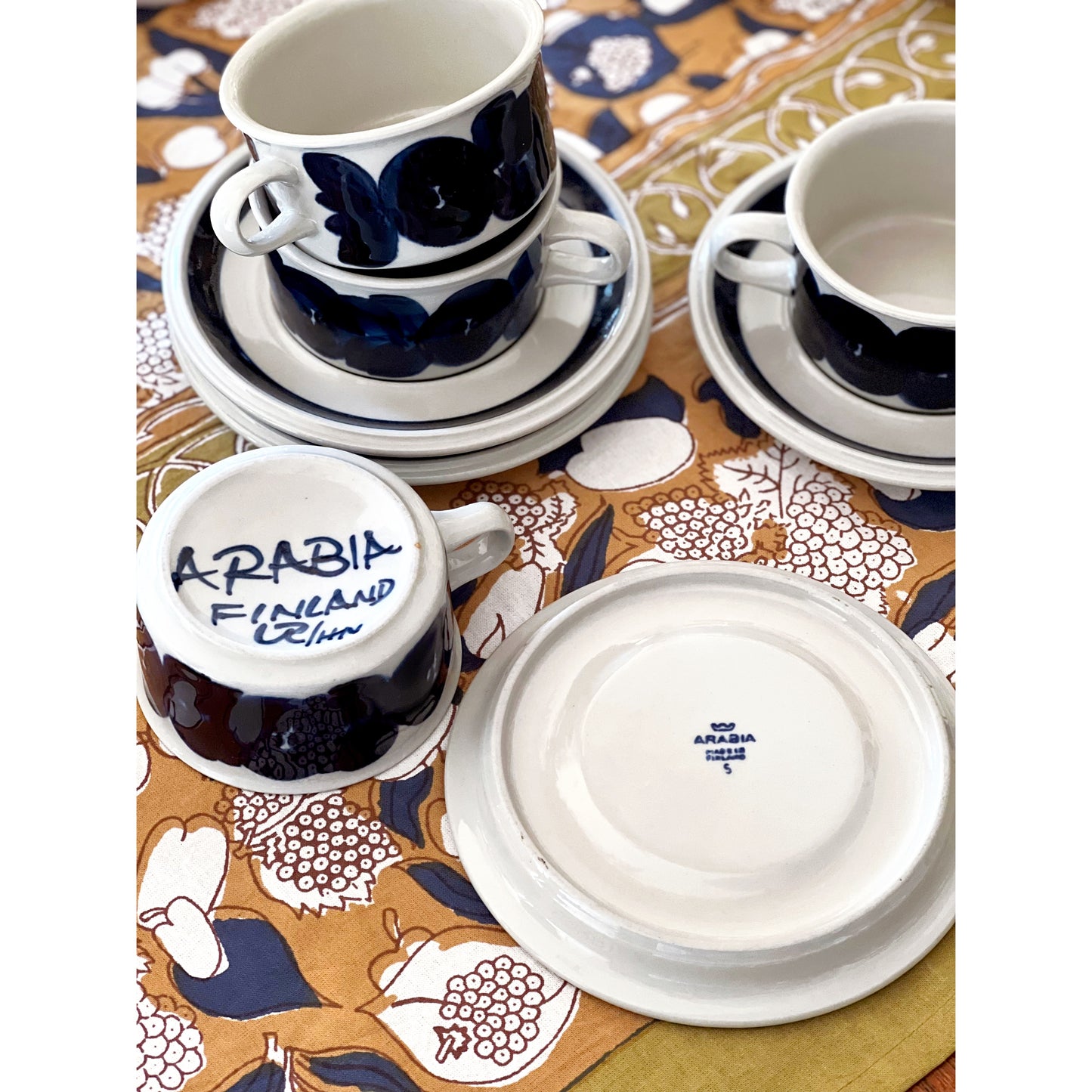 Vintage Arabia of Finland Anemone Blue Flat Cup & Saucer Set