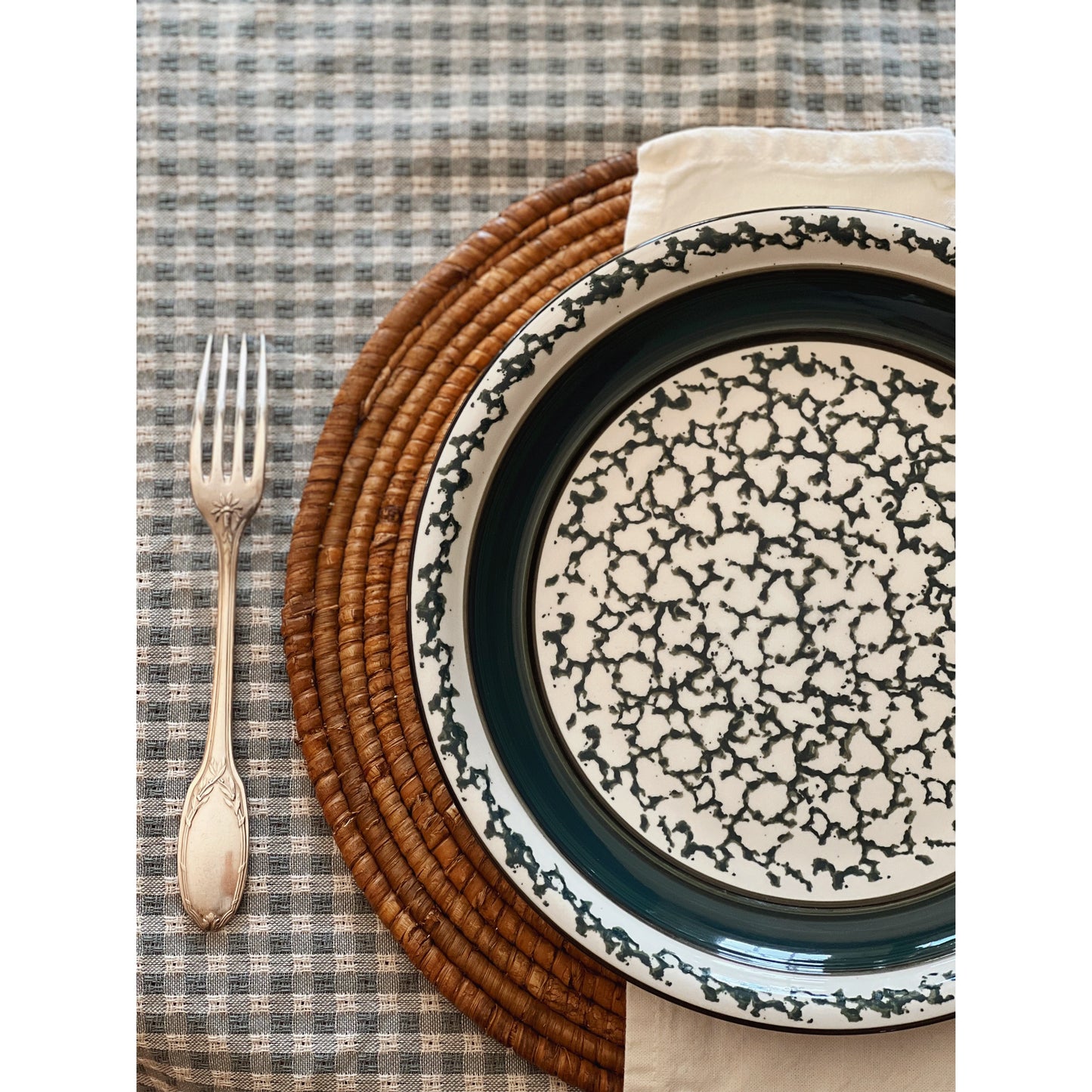 Vintage Tienshan Sponge Green Stoneware Dinner Plate