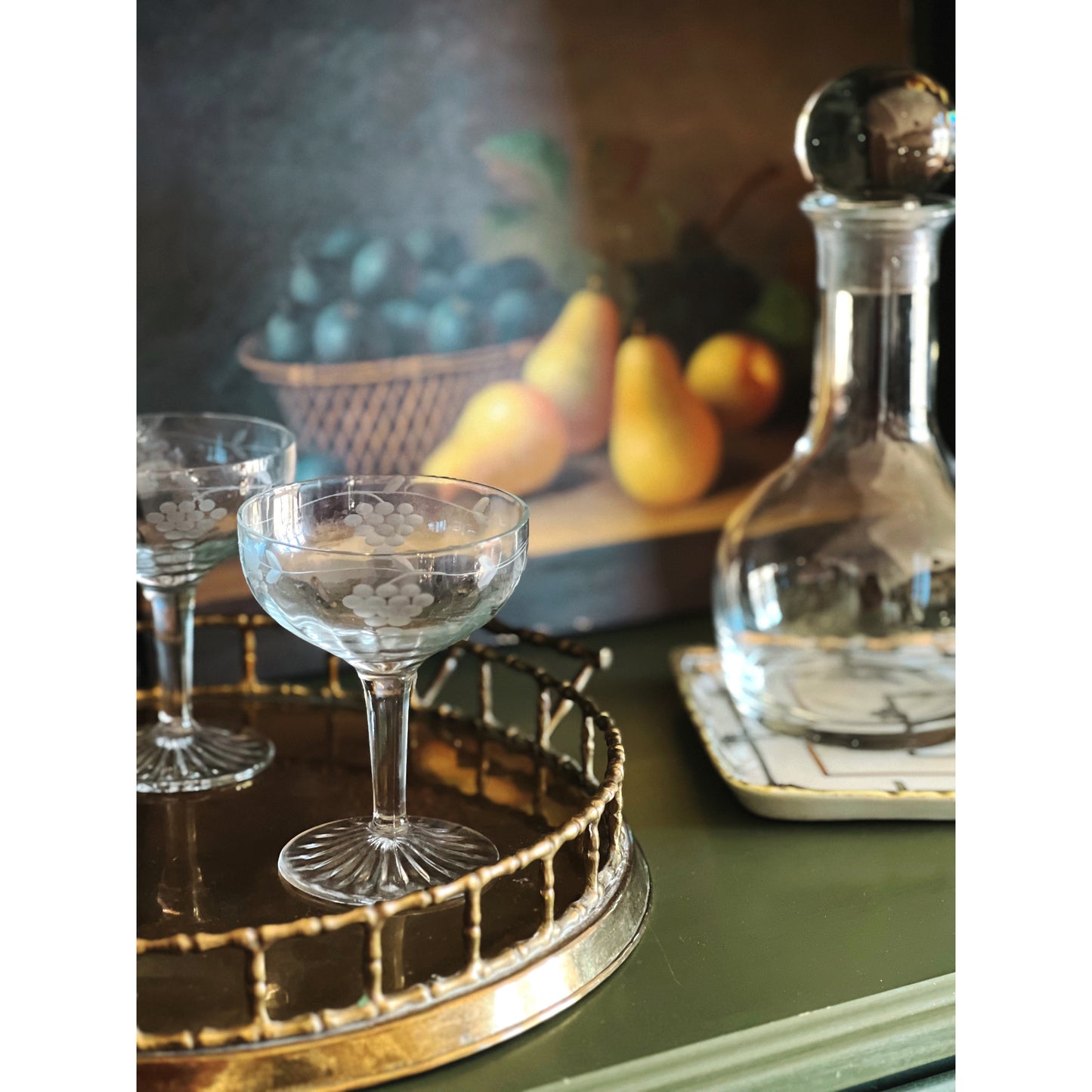 Set of 3 Etched Grapevine Champagne Coupes