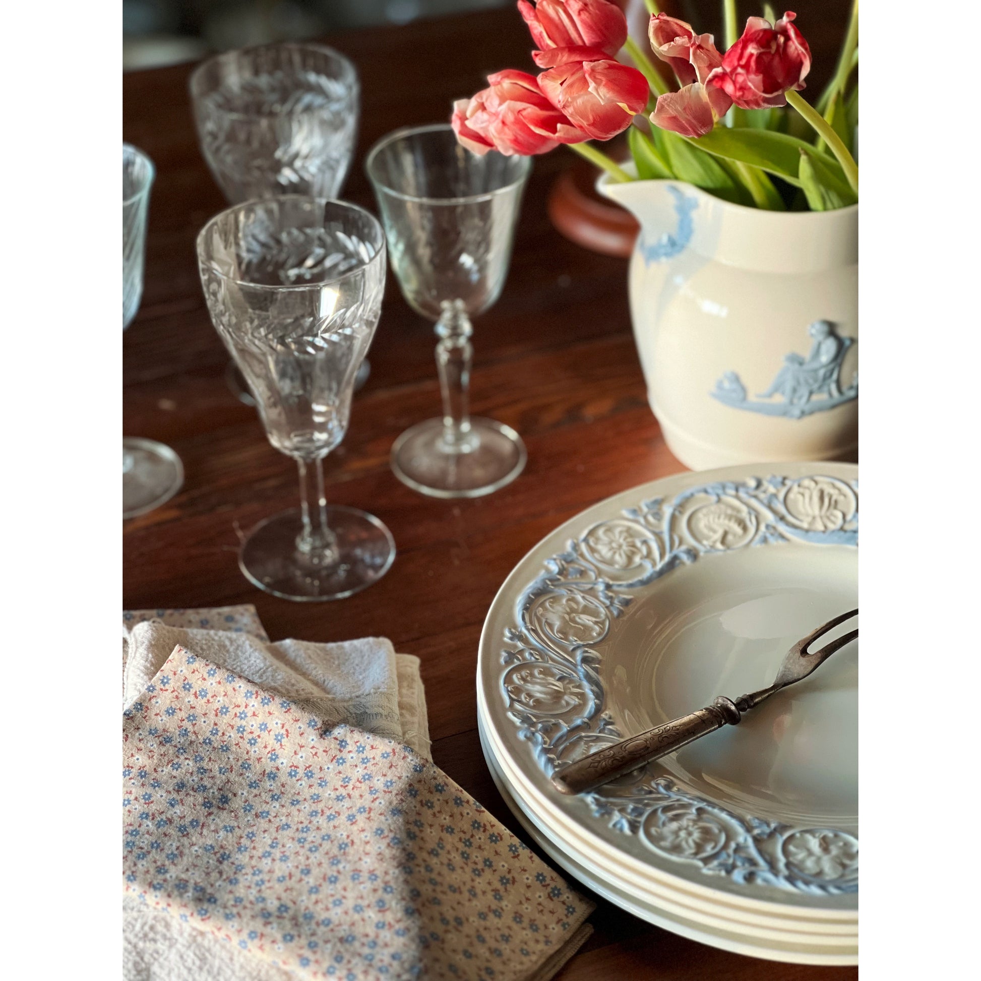Pair of Vintage Laurel Etched Wine Glasses