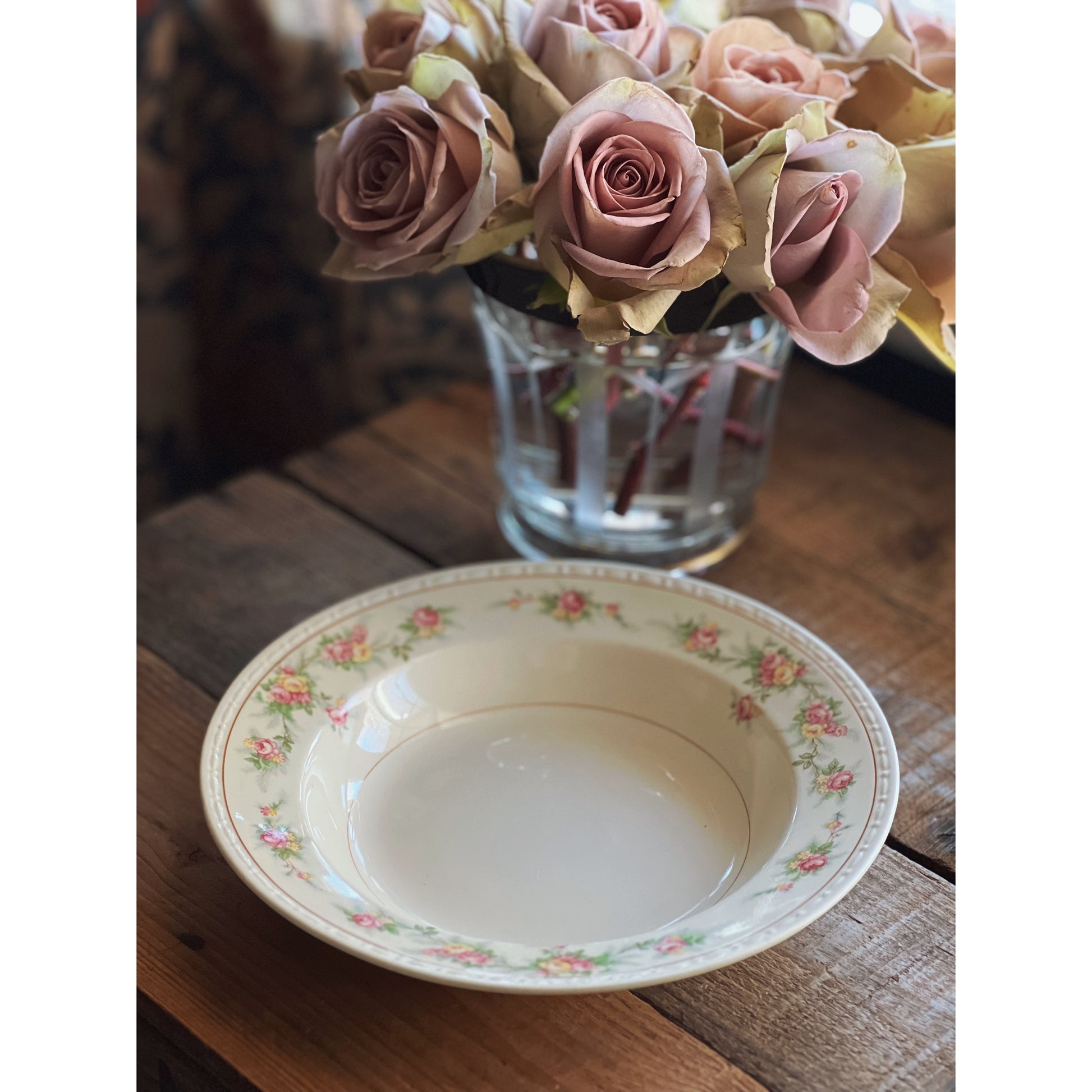 pink floral rimmed soup bowl