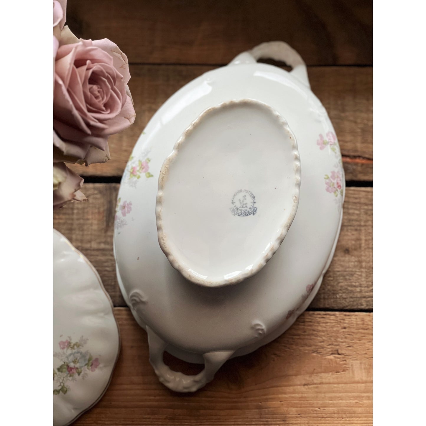 Vintage Anchor Pottery Semi Porcelain Oval Covered Vegetable Bowl
