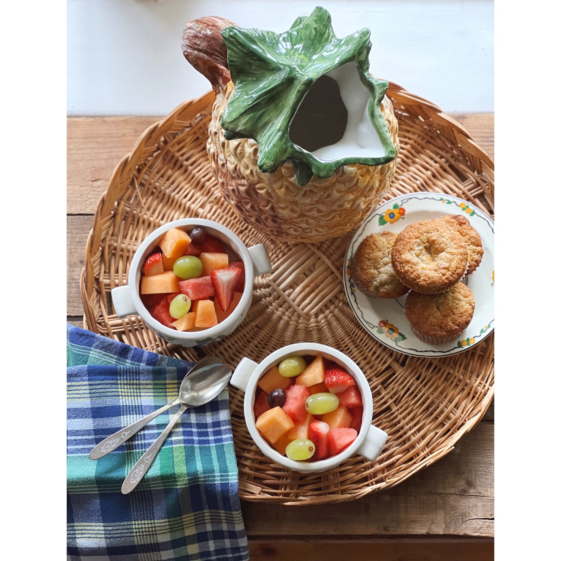 floral saucer used as a plate on a tray