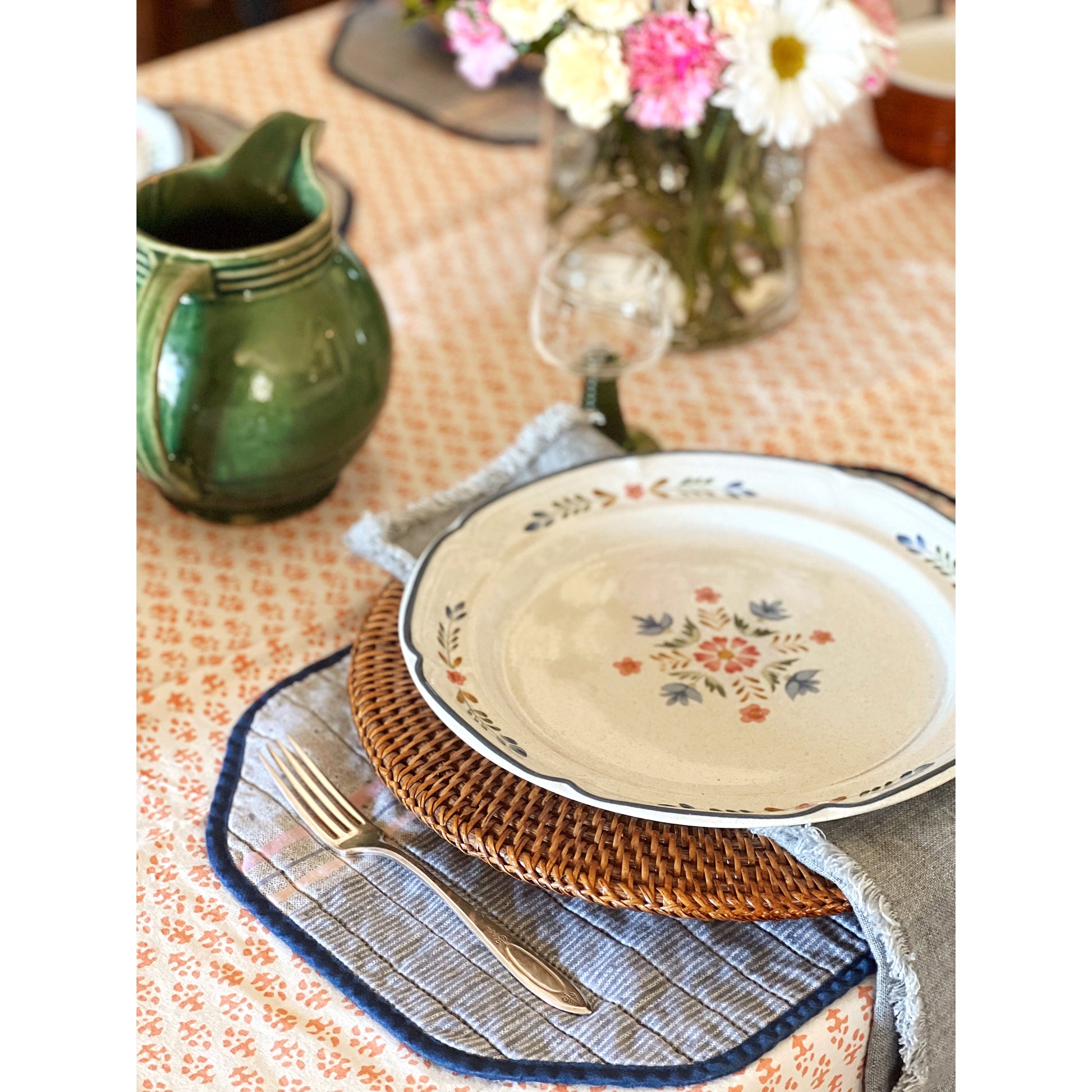 International Tableworks American Patchwork Dinner Plate on a table set with vintage linens 