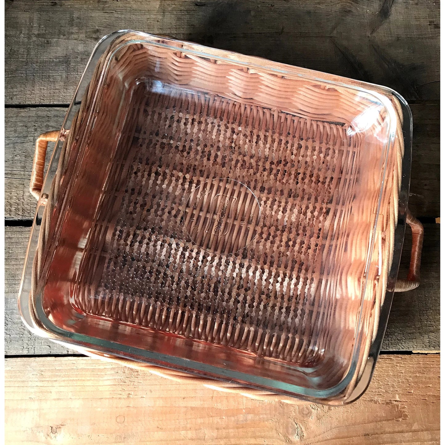 Vintage Glasbake Square Baker / Baking Dish in Serving Basket