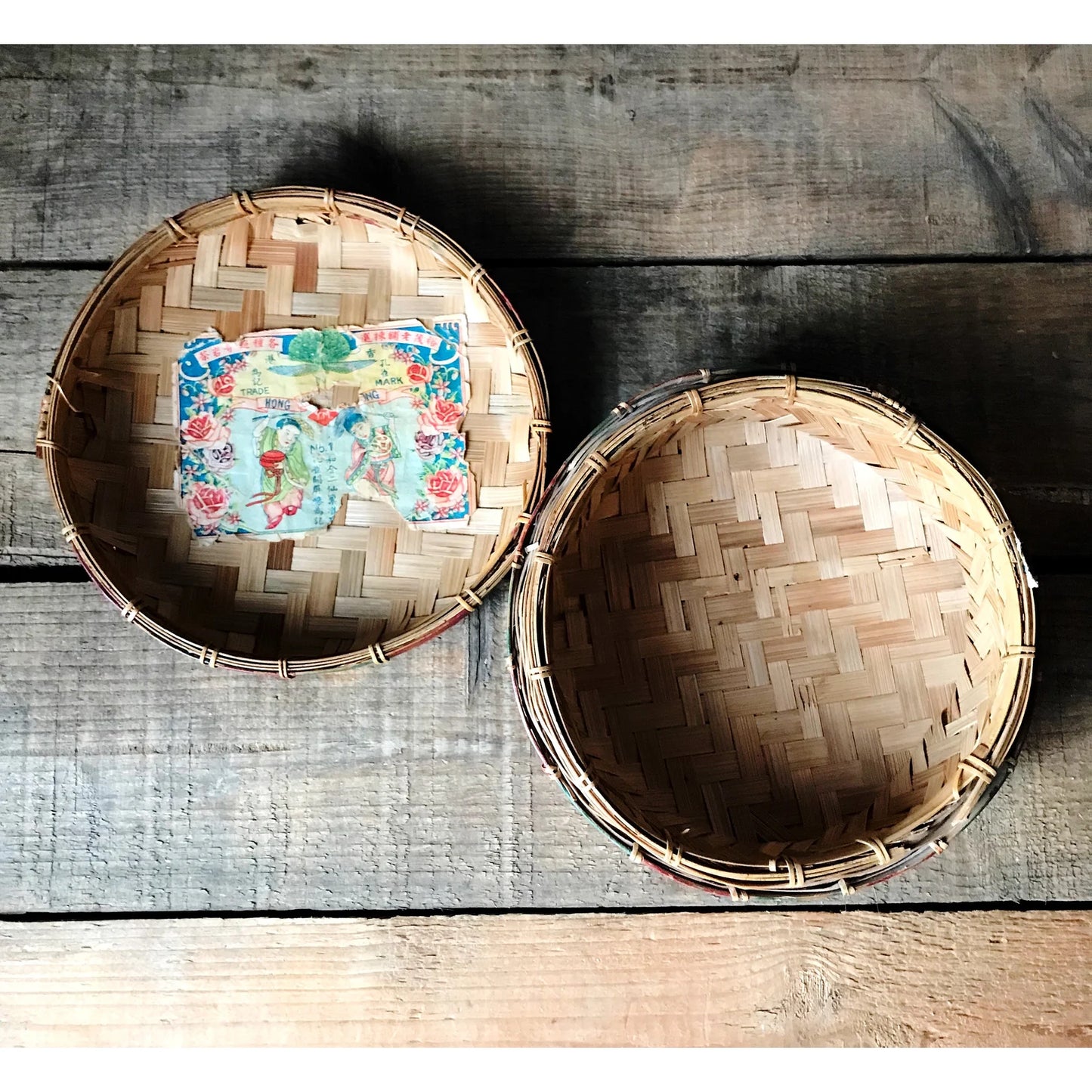 Vintage Bamboo Basket with Lid Hong Kong