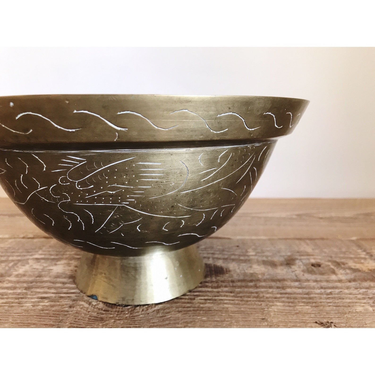Etched Brass Footed Bowl / Decorative Vintage Brass Bowl