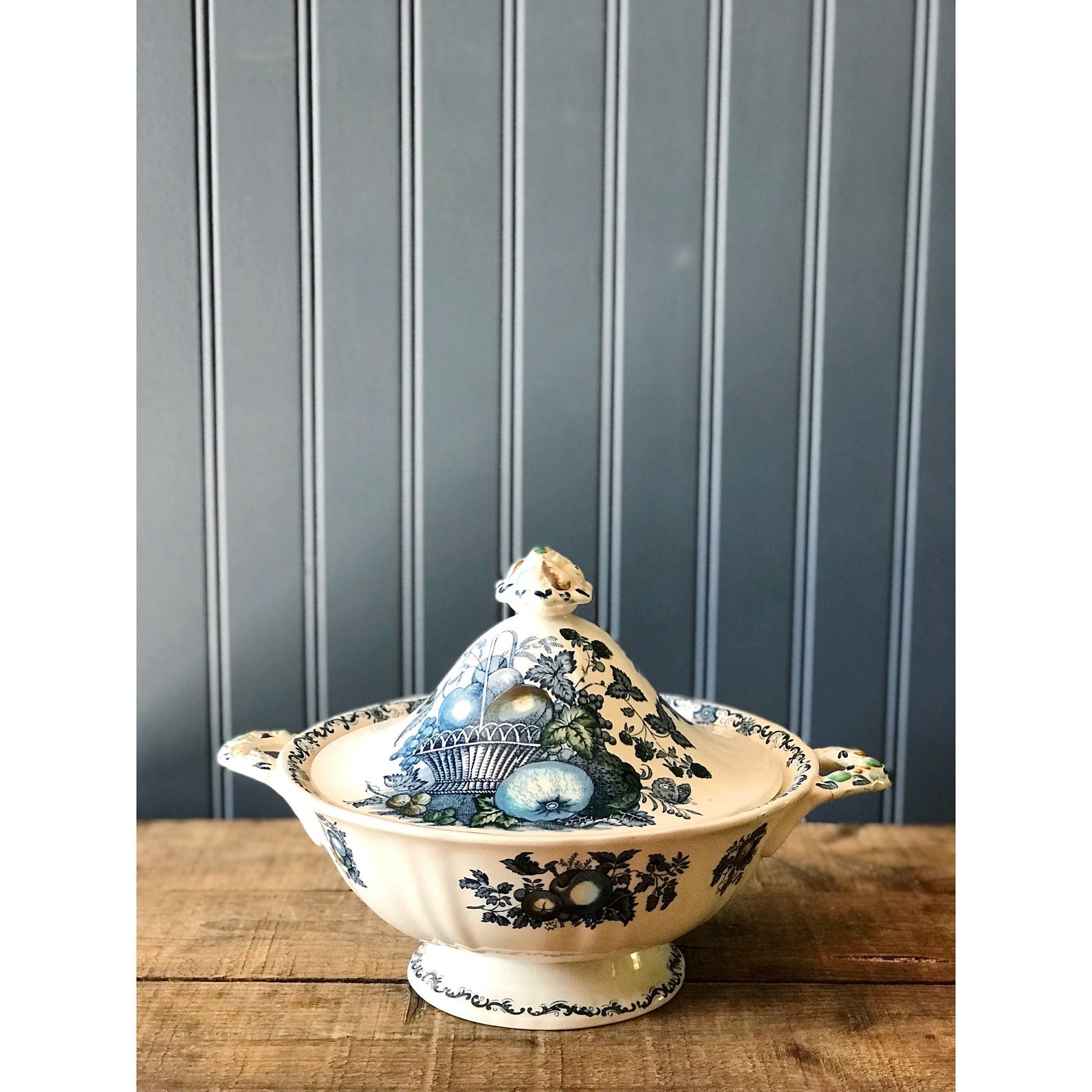 blue transferware covered vegetable bowl