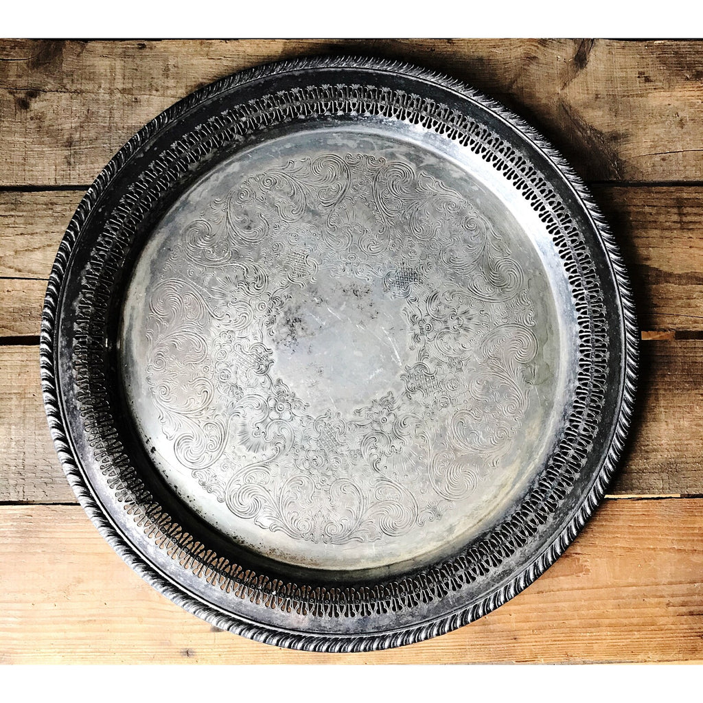 Vintage Wm Rogers & Son Round Pierced Edge Silver Serving Tray
