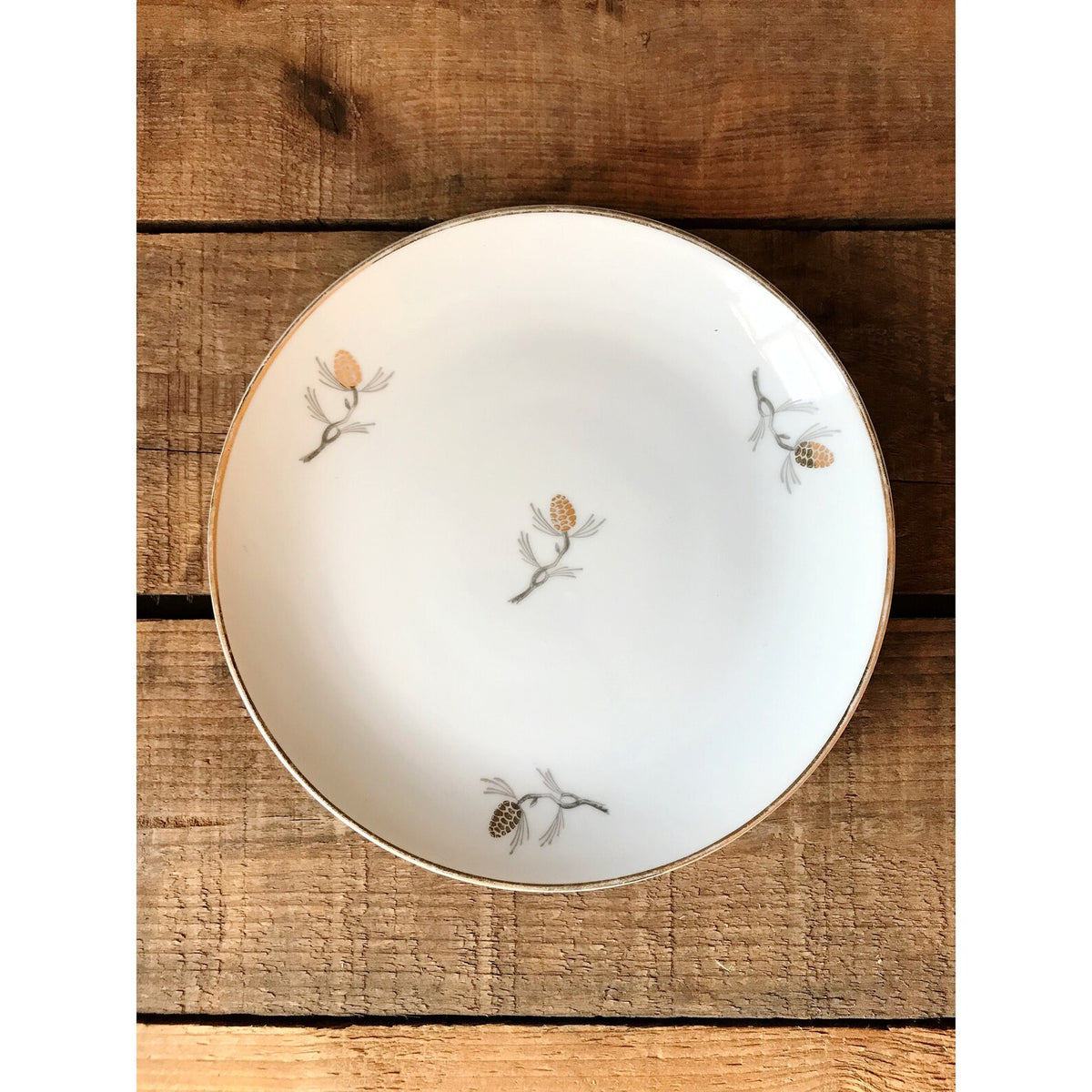 Decorative plate with pinecone patterns on a wooden surface